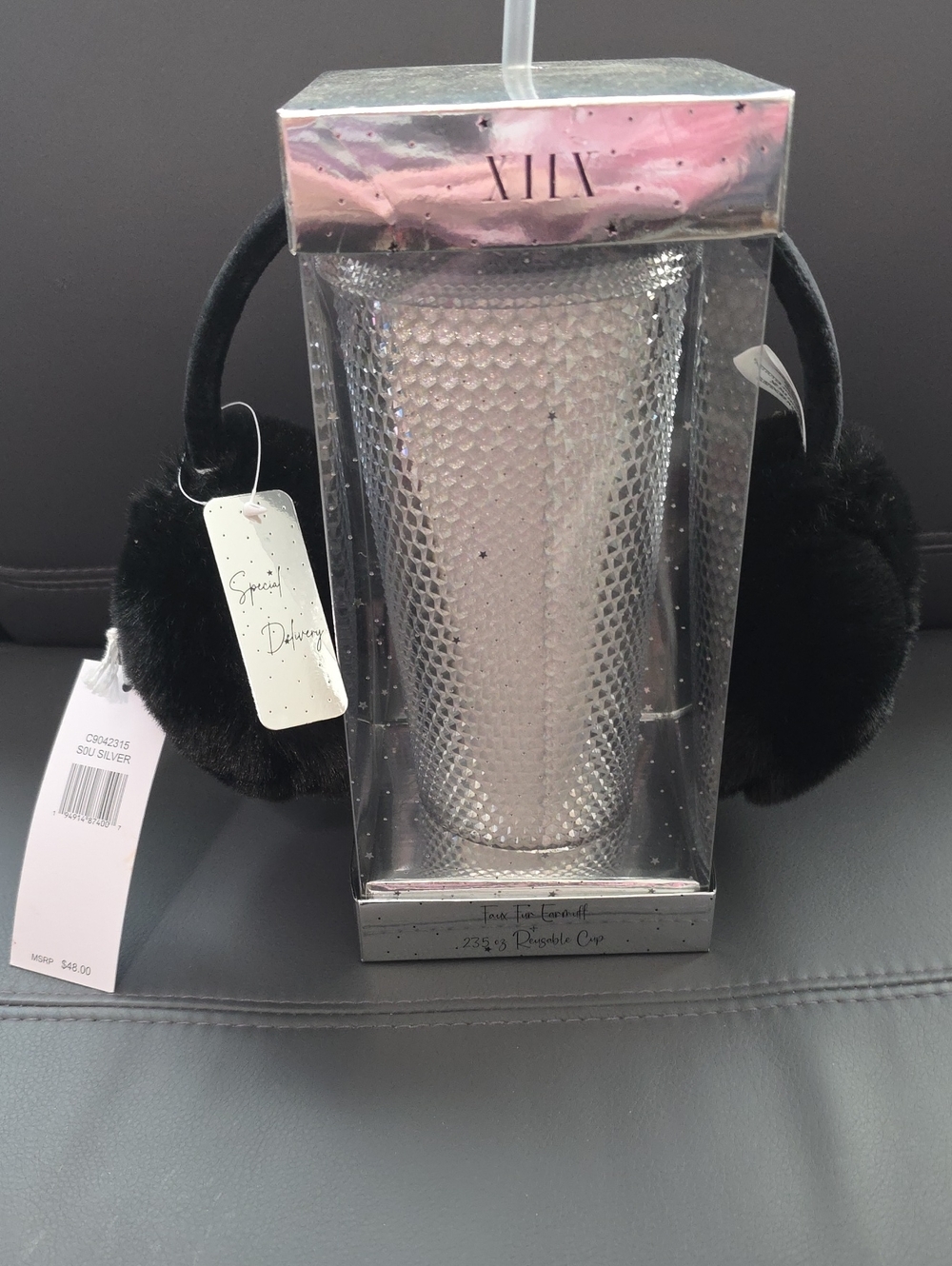 Silver Jeans Black Faux-Fur Earmuffs with Silver Textured Tumbler Gift Set